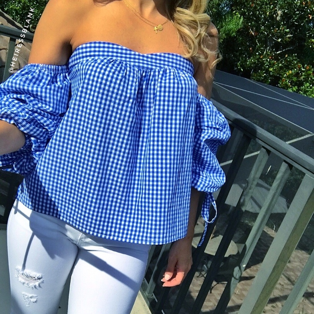 1M LEFT! Blue checkered off shoulder top - Picture 6 of 9